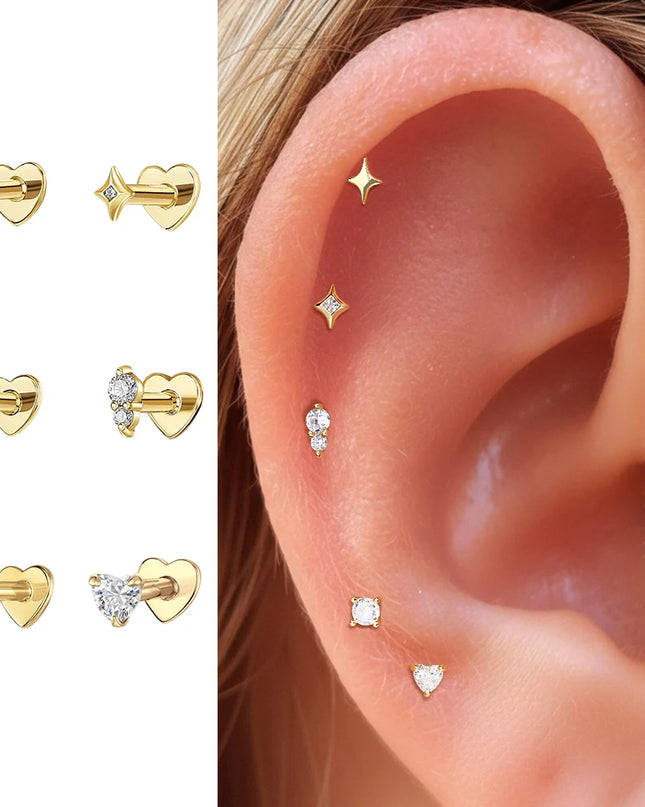 AIDE Heart Round Ball Flat Helix Piercing Earring 925 Sterling Silver Ear Studs Geometric Zircon Exquisite Trinket Studs Aretes
