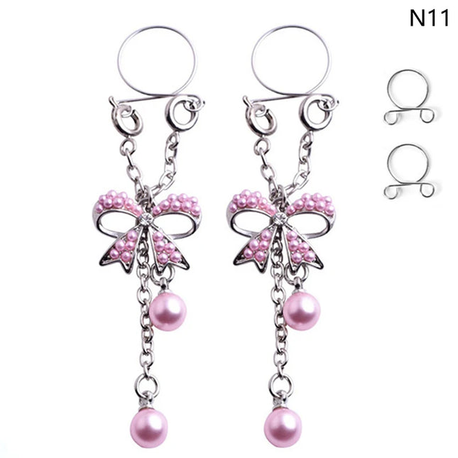 1 Pair New Fake Nipple Ring Sexy Tassel Crystal Butterfly Pendant For Women Girls Adjustable Faux Nipple Piercing Body Jewelry