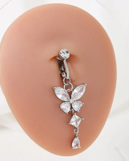 Clip On Belly Button Ring Butterfly Shape Copper Zircon Fake Belly Piercing Umbilical Navel Body Jewelry Trendy Fashion Style
