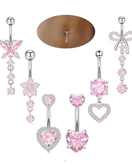 Stainless Steel Bow Belly Button Piercing Heart Shape Pink Zircon Navel Piercing Jewelry Copper Dangle Belly Ring