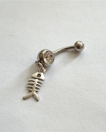 Funny Fish Bone Dangle Belly Button Ring, Skeleton Charm Surgical Stainless Steel 14 Gauge Navel Barbell Ring, Beach Jewelry
