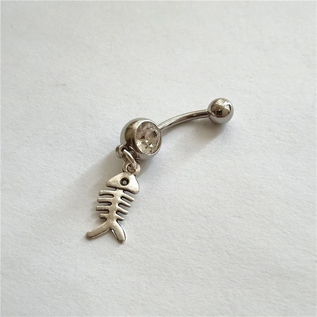 Funny Fish Bone Dangle Belly Button Ring, Skeleton Charm Surgical Stainless Steel 14 Gauge Navel Barbell Ring, Beach Jewelry