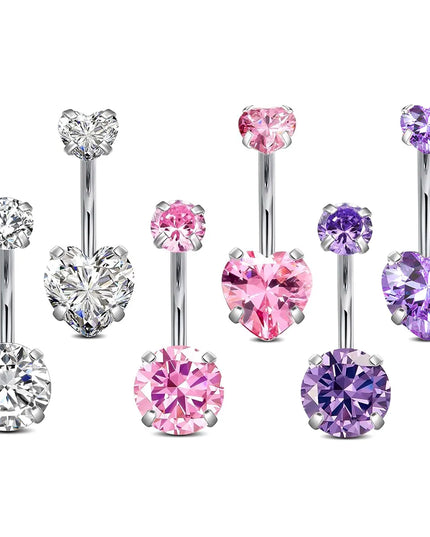 Surgical Steel Round Heart CZ Navel Belly Button Ring Piercing for women 14G Pink Purple White Zircon Belly Piercing Jewelry