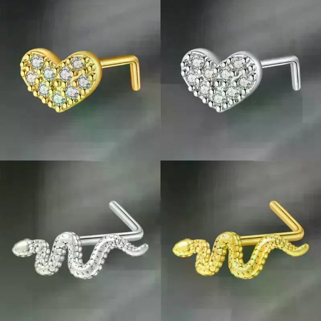 L Shaped Nose Studs Rings Cute Heart Moon Shiny Zircon Gold Silver Color Nose Piercing For Women Girl Nostril Jewelry