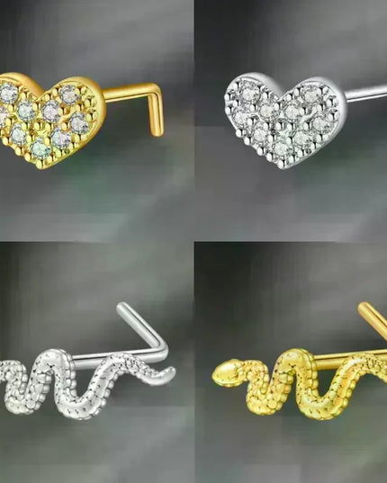 L Shaped Nose Studs Rings Cute Heart Moon Shiny Zircon Gold Silver Color Nose Piercing For Women Girl Nostril Jewelry