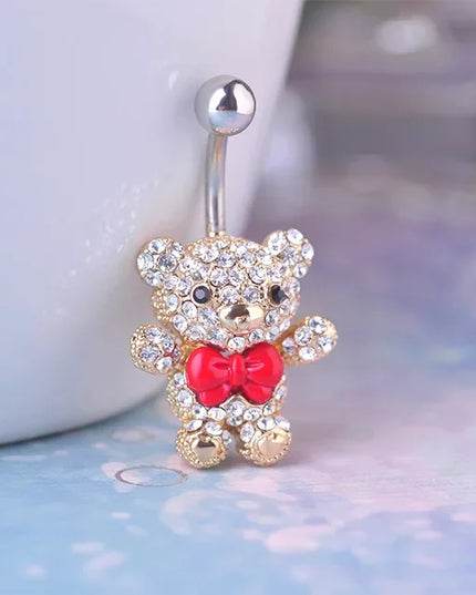 Blucome Red Bow Tie Little Bear Belly Button Rings Body Piercing Jewelry Women 316L Surgical Steel Piercing 14G 1.6mm Bar