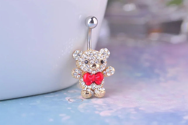 Blucome Red Bow Tie Little Bear Belly Button Rings Body Piercing Jewelry Women 316L Surgical Steel Piercing 14G 1.6mm Bar