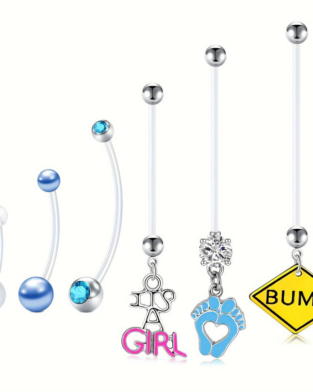 6pcs Different Sizes of Pregnant Belly Button Set, Transparent Ball Ball Love Foot Pendant,  Soft Pregnant Belly Button Piercing