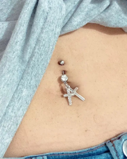 Free Shipping Navel jewelry Crystal belly ring  Navel Ring Button Bar Navel Double Cross Dangle Belly Button Navel Ring