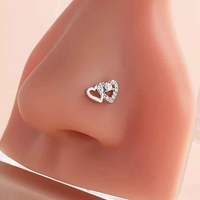 Fashion L Shaped Nose Studs Rings Cute Shiny Double Heart Nose Ring For Women Girls Body Piercing Jewelry Versatile Nose Ring