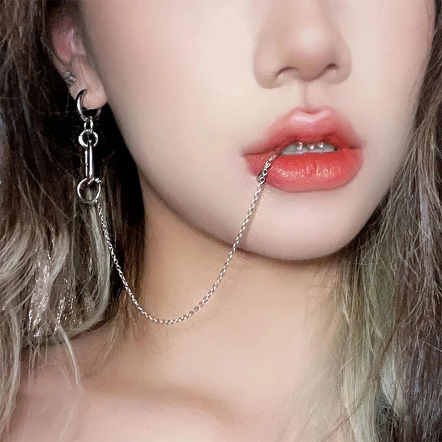 Cool Style Fake Piercing Lip Clip Earring Punk Chain Linked Earrings Hinged Lip Ring For Women Men Fashion Jewelry Accessories