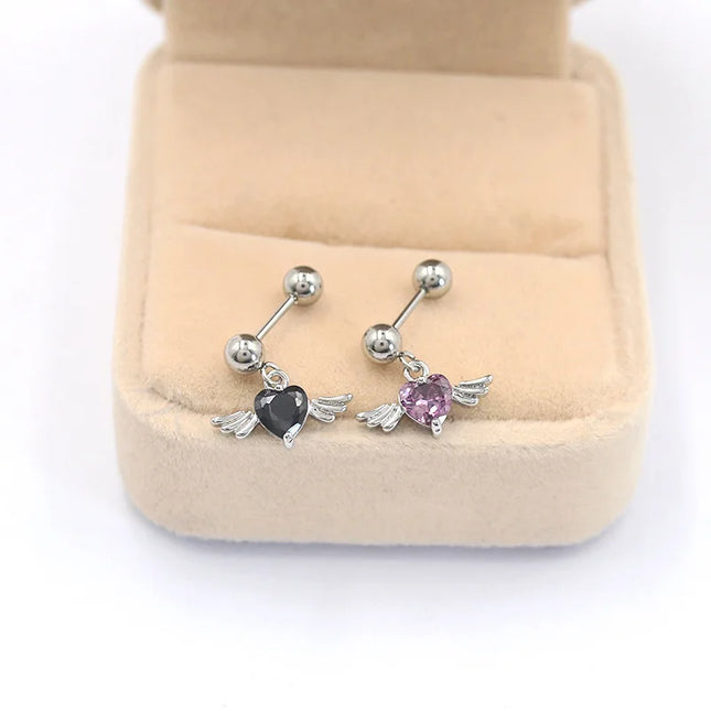 1Pc Angel Wings Helix Piercing Ear Lobe Daith Rook Tragus Cartilage Piercing Heart Cz Earring Conch Tragus Stud  Stainless Steel