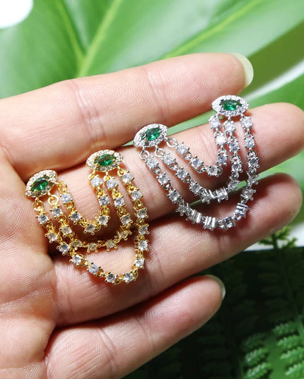Double Piercing CZ Tassel Chain Earring For Women Fashion Green Evil Eye Two Stud Elegant Female Jewelry