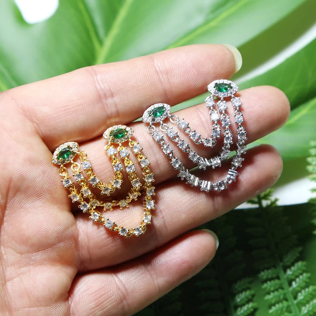 Double Piercing CZ Tassel Chain Earring For Women Fashion Green Evil Eye Two Stud Elegant Female Jewelry