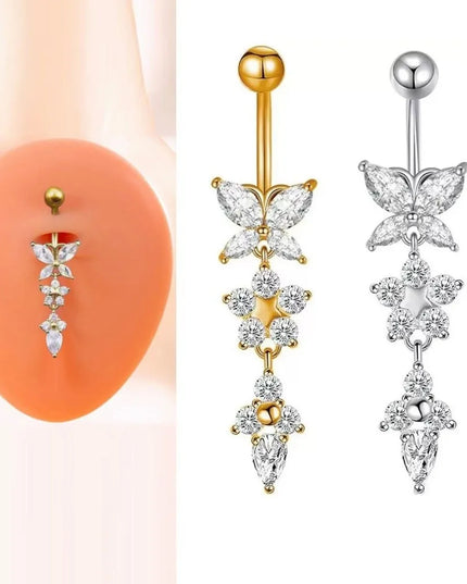 Unique Zircon Butterfly Belly Button Ring Elegant Long Chain Body Piercing Jewelry Stainless Steel Curved Barbell