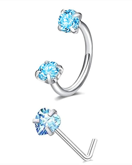 6/2pcs Horseshoe Nose Rings With L-Shape Nose Stud, Stainless Steel Rianbow CZ Nose Ring,, Lip Eyebrow Helix Ear Piercing