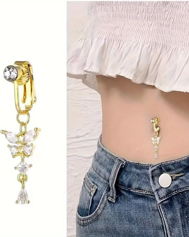 Butterfly Design Clip On Belly Button Zircon Stainless Steel Fake Belly Ring Non Piercing Faux Belly Piercing Fashion Accessory