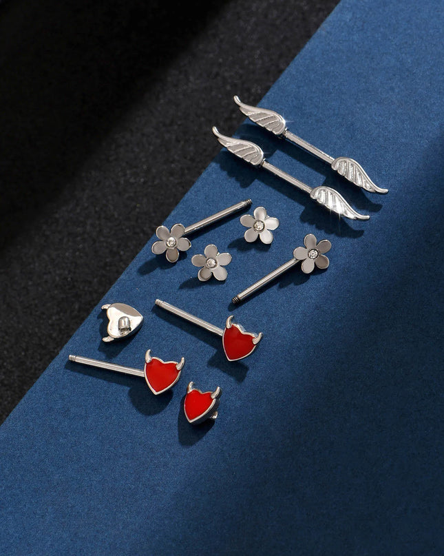 2pcs Angel Wings Nipple Piercing 14G Flower Heart Daemon Oxhead Shield Bar Barbell Nipple Ring Nombril Breast Cover Jewelry
