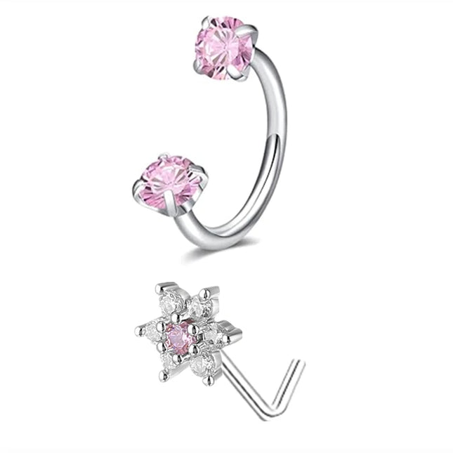 6/2pcs Horseshoe Nose Rings With L-Shape Nose Stud, Stainless Steel Rianbow CZ Nose Ring,, Lip Eyebrow Helix Ear Piercing