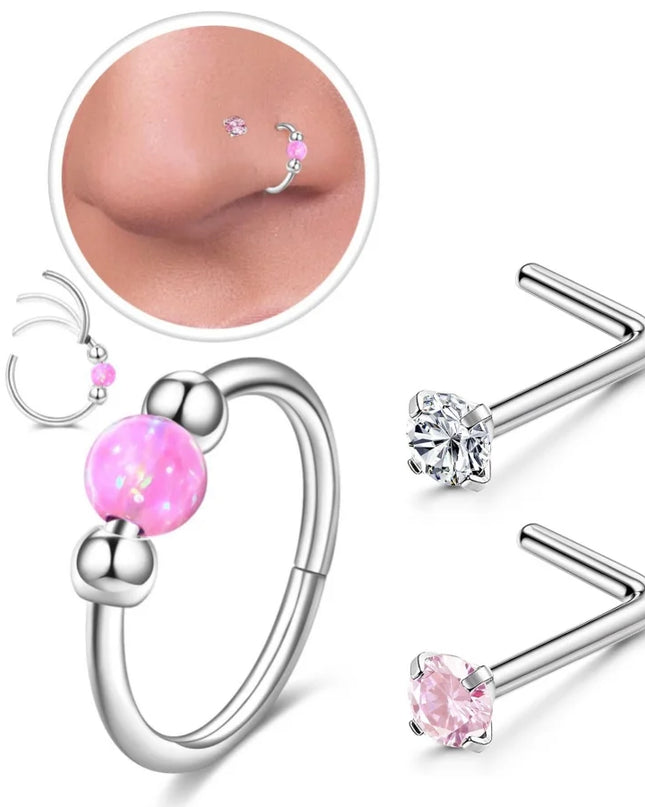 316L Stainless Steel Opal Bead Nose Ring Hoop L-Shaped CZ Nose Stud Set Septum Piercing Nose Jewelry