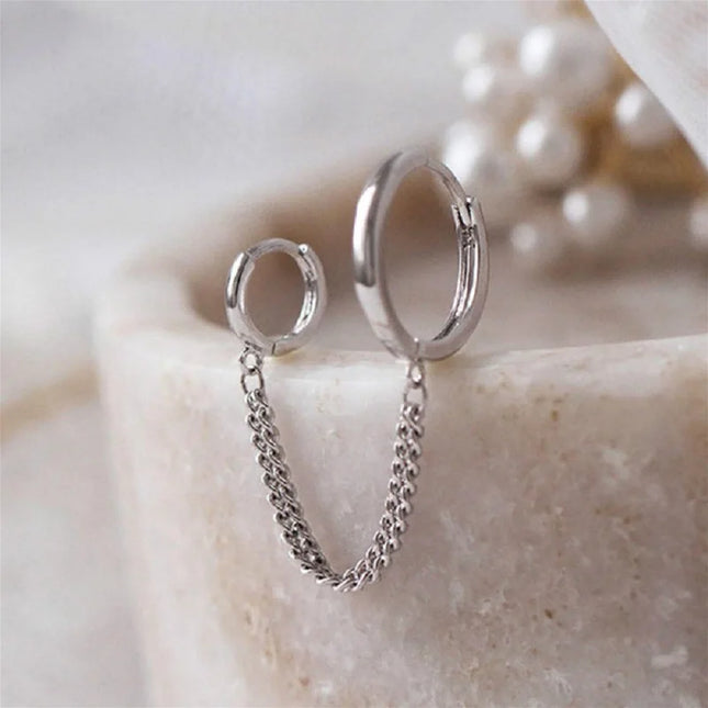 1PCS 925 Sterling Silver Two Hole Piercing Earrings for Women Brilliant Crystal Zircon 2 Metal Color Chain Earring Party Jewelry