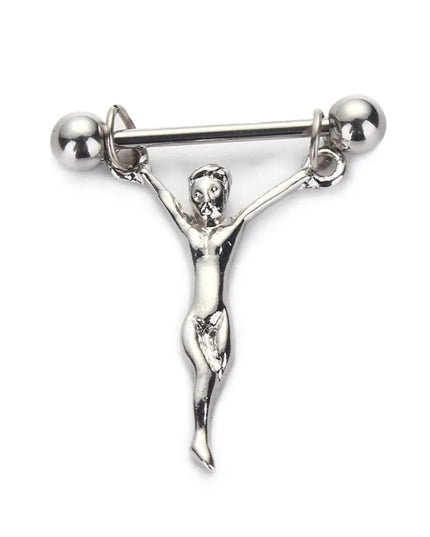 WKOUD 1Pc Stainless Steel Nipple Piercing Statue Jesus Nipple Barbells Chains Statue Of Jesus Nipple Shields Bars Body Jewelry