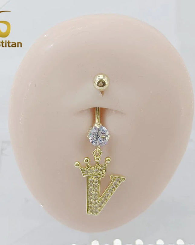 A-Z 26 Letter Initial Belly Button Rings 14G Titanium Curved Barbell Golden Zircon Navel Piercing Body Jewelry Women Accessories