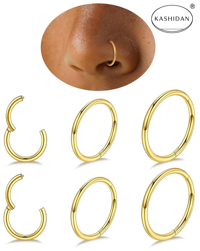 18G gold nose ring for men and women, hinged clicker septum ring for nose/cartilage/body piercing jewelry, 6mm/8mm/10mm/12mm