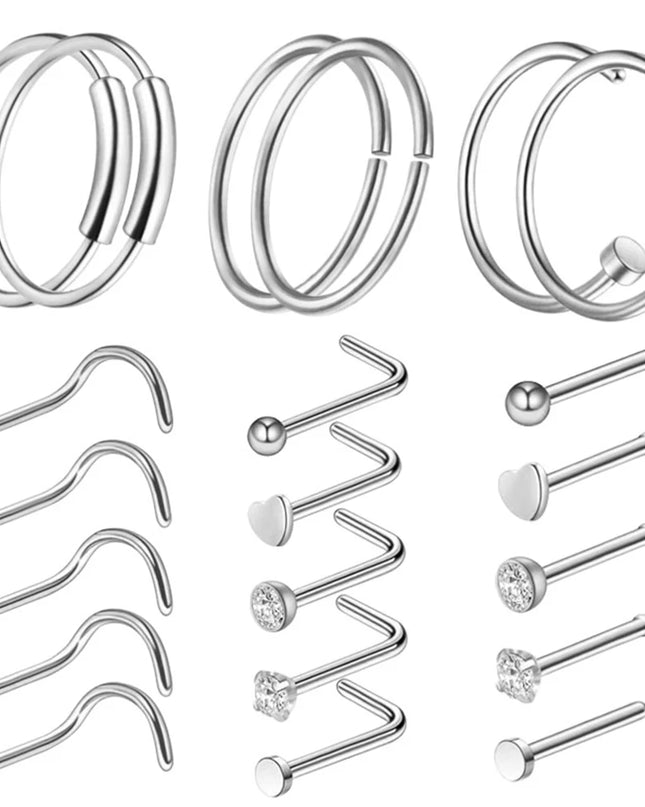 3/4/5/8/10/15/30pcs/lot Fake Nose Studs Ring Piercing Sets L-S-Shaped Curved Nose Rings Pack Steel Star Heart Moon Nose Jewelry