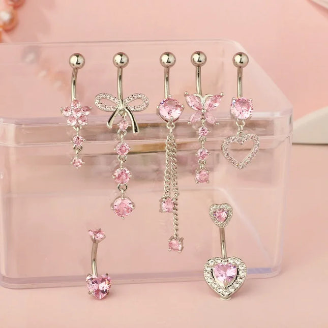 Belly Button Dangle Belly Rings Surgical Stainless Steel Cute Bow Butterfly Heart Flower Belly Button Piercing Jewelry For Women