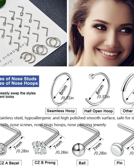3/4/5/8/10/15/30pcs/lot Fake Nose Studs Ring Piercing Sets L-S-Shaped Curved Nose Rings Pack Steel Star Heart Moon Nose Jewelry