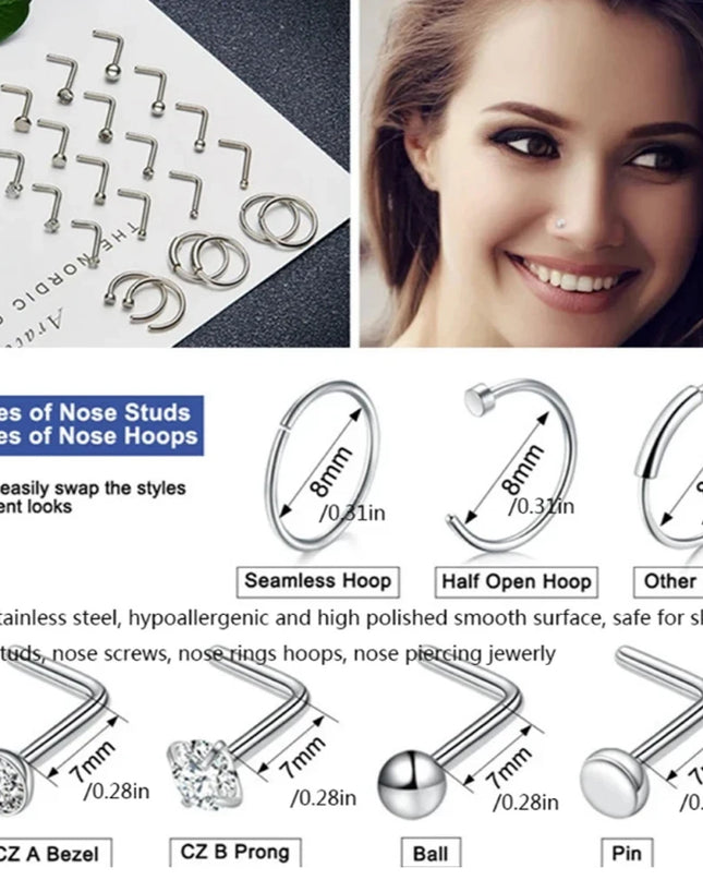 3/4/5/8/10/15/30pcs/lot Fake Nose Studs Ring Piercing Sets L-S-Shaped Curved Nose Rings Pack Steel Star Heart Moon Nose Jewelry