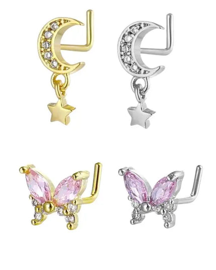 Stainless Steel Long Fashion Nose Rings For Women Copper With Heart Dangle L-Bend Nose Piercing Rings Body Jewelry