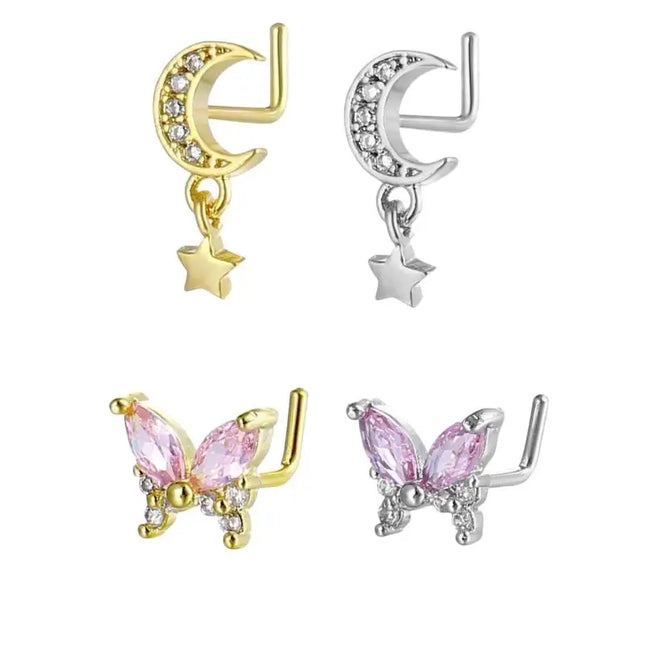 Stainless Steel Long Fashion Nose Rings For Women Copper With Heart Dangle L-Bend Nose Piercing Rings Body Jewelry