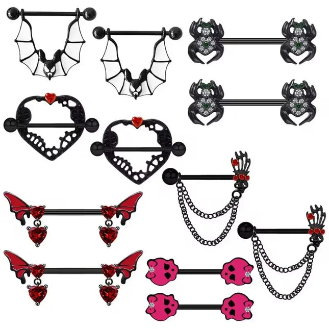 Gothic Cross Border Nipple Rings for Men Bats Spiders Cubic Zirconia Nipple Piercing Jewelry Stainless Steel Piercing Jewelry