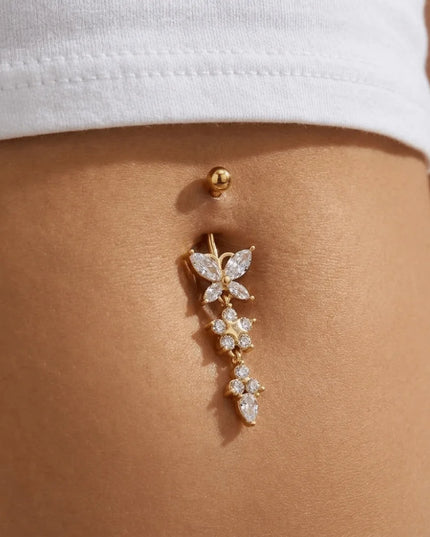 Unique Zircon Butterfly Belly Button Ring Long Chain Elegant Body Piercing Jewelry Curved Barbell Stainless Steel