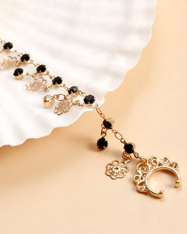 Body Jewelry Earring with Nose Ring Fashion Trendy Nose Clip Rings Gold& Black Fringe Long Chain Tassel Nose Clip Perform