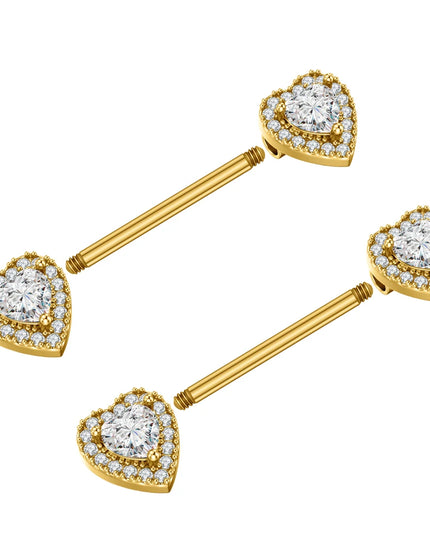 2PCS Both Sides Screwed Heart Nipple Piercings 5 Crystal CZs Nipple Ring Nipple Shield Barbell for Women Body Piercing Nombril