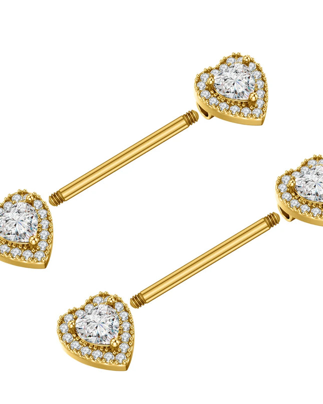 2PCS Both Sides Screwed Heart Nipple Piercings 5 Crystal CZs Nipple Ring Nipple Shield Barbell for Women Body Piercing Nombril
