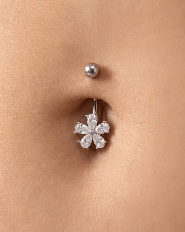 Beach Simple Belly Button Rings Stainless Steel Flower Navel Ring Crystal Zircon Body Piercing Jewelry For Women