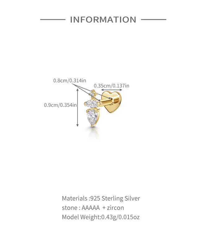 AIDE Heart Round Ball Flat Helix Piercing Earring 925 Sterling Silver Ear Studs Geometric Zircon Exquisite Trinket Studs Aretes