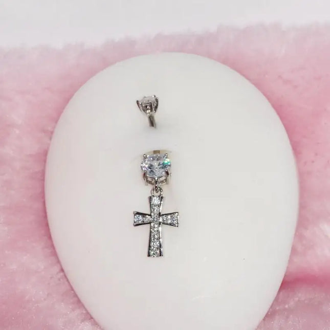 Cross Design Belly Button Ring Surgical Steel Navel Piercing Jewelry Waterproof for Daily Nightclub Wear