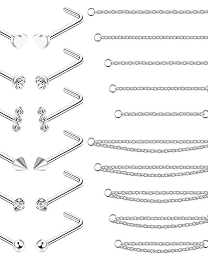 Nose Rings Chain Piercing Across Double with Chain Studs with Chain 20G Piercing Stud Nostril Jewelry for Women Men