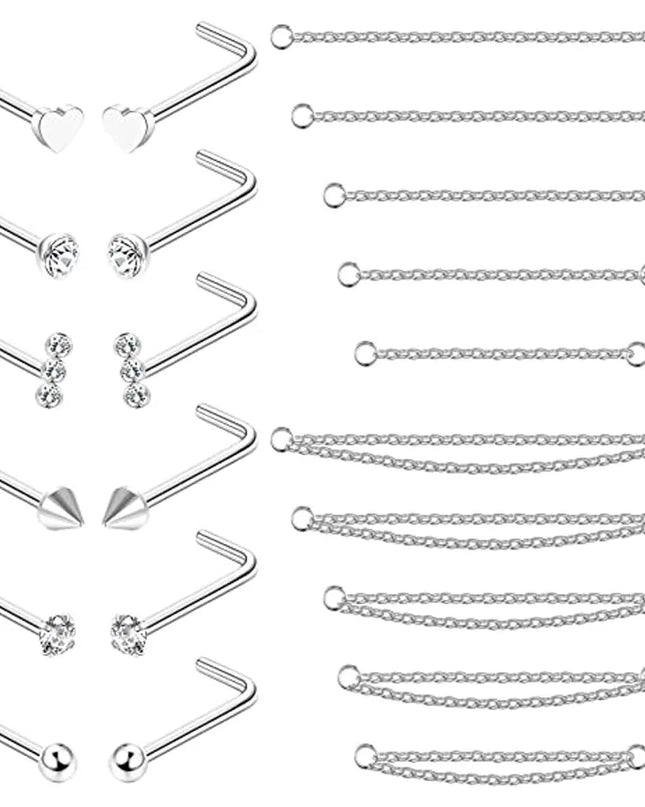 Nose Rings Chain Piercing Across Double with Chain Studs with Chain 20G Piercing Stud Nostril Jewelry for Women Men