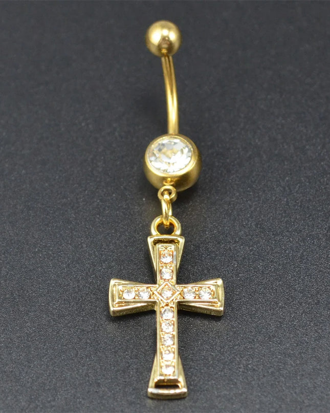 1pcs Rhinestone Cross Belly Button Ring Gold Color Silver Color Belly Button Ring Umbilical Navel Ring Body Piercing Jewelry
