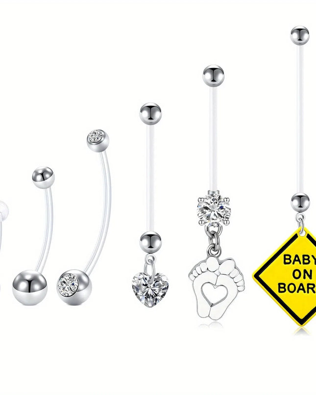 6pcs Different Sizes of Pregnant Belly Button Set, Transparent Ball Ball Love Foot Pendant,  Soft Pregnant Belly Button Piercing
