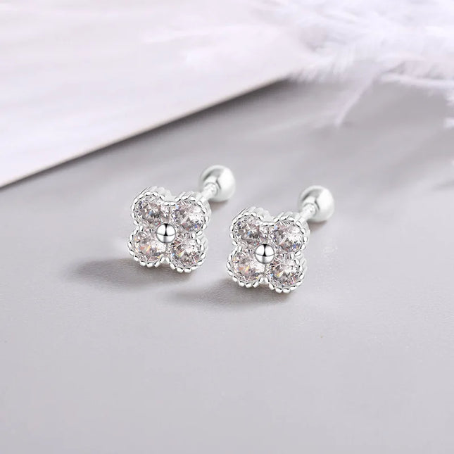 925 Sterling Silver Four Round Zircon Small Piercing Stud Earrings For Women Luxury Elegant Fine Jewelry Accessories Jewellery