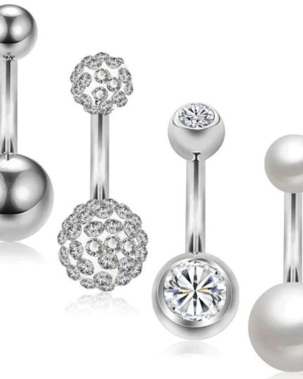 WKOUD 4Pcs Sexy Dangling Navel Belly Button Ring 14G Double Round Cubic Zirconia 316L Surgical Steel Belly Piercing Jewelry