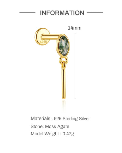 Aide 1PC 925 Sterling Silver 18K Gold Threaded Piercing Earring Women Ins Green Red Colors Zircon  Ear Bone Nail Gift Jewelry