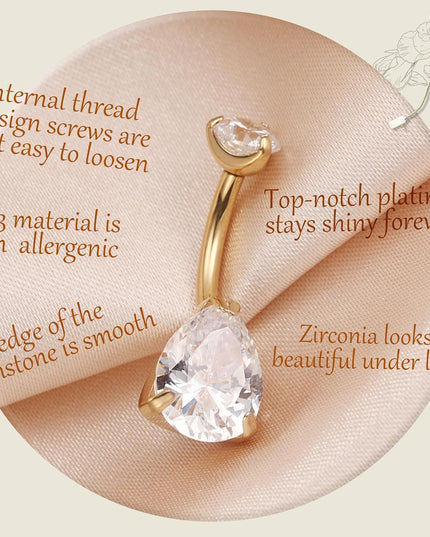 Gold Belly Button Ring G23 Titanium Hypoallergenic 14G Belly Ring for Women Men Teardrop Navel Piercing Jewelry 10Mm Barbell with Cubic Zircon